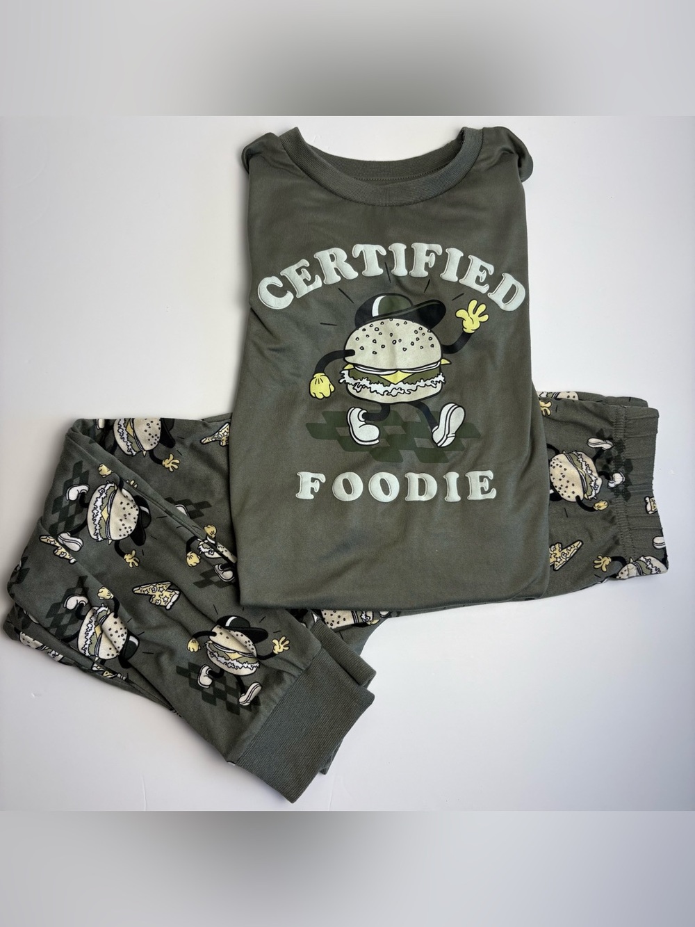 George Boy Pajama Set Olive Green Hamburger Graphic Top Long Pants, Size Small 6